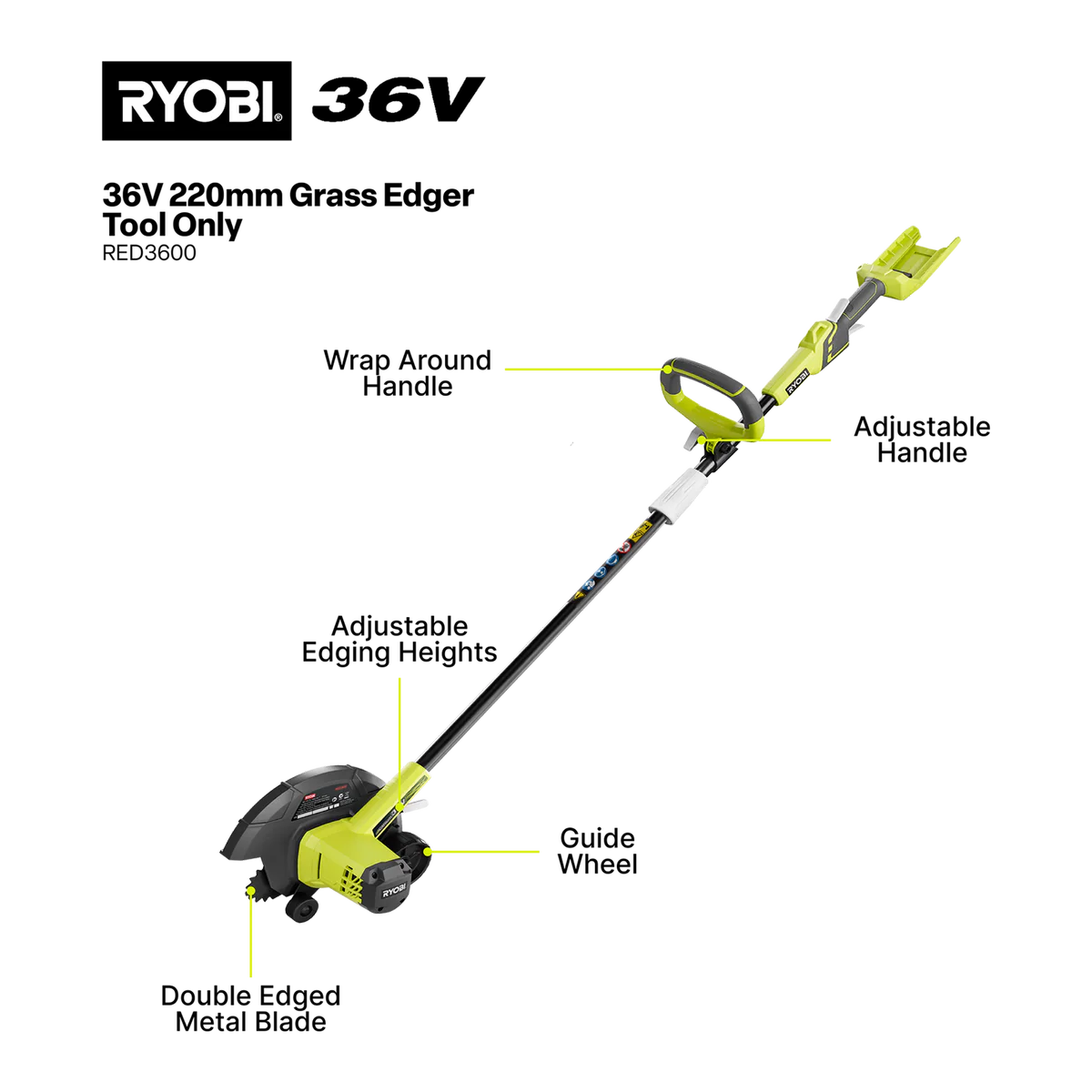Ryobi Cordless Edger - 220mm - Plastic/Metal - 40mm Cutting Depth - Image 2