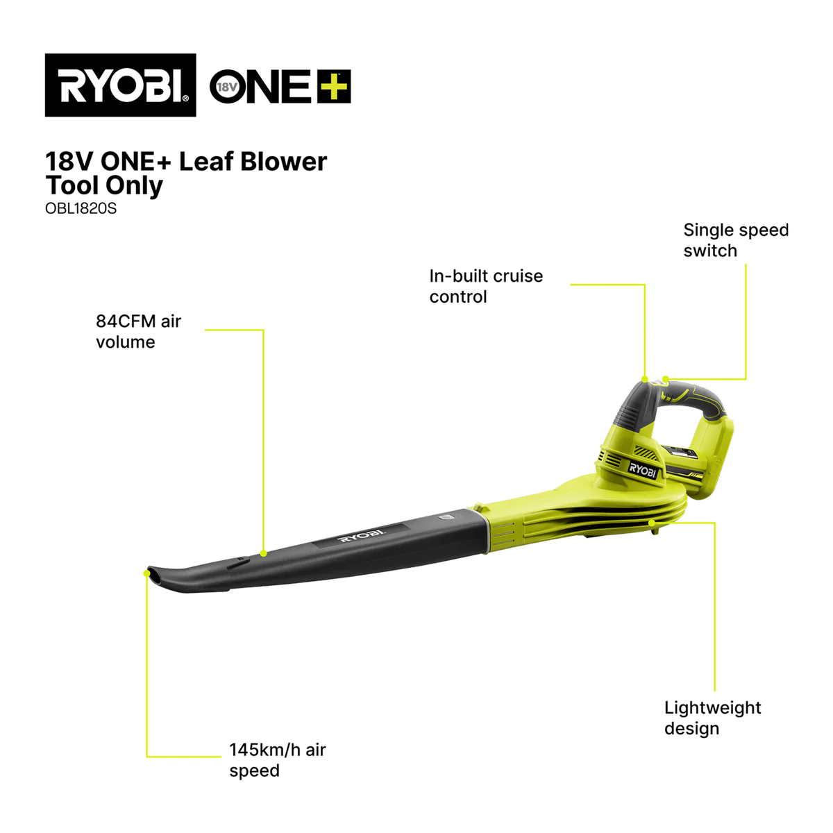 Ryobi Cordless Garden Blower - 245km/h - Plastic - Lightweight - Image 2