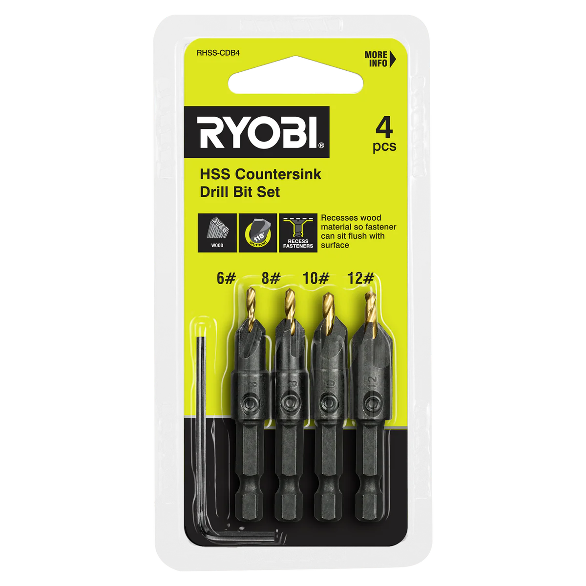 Ryobi Countersink Drill Bit Set - 4 Piece - #6, #8, #10, #12 - 118° Split Point