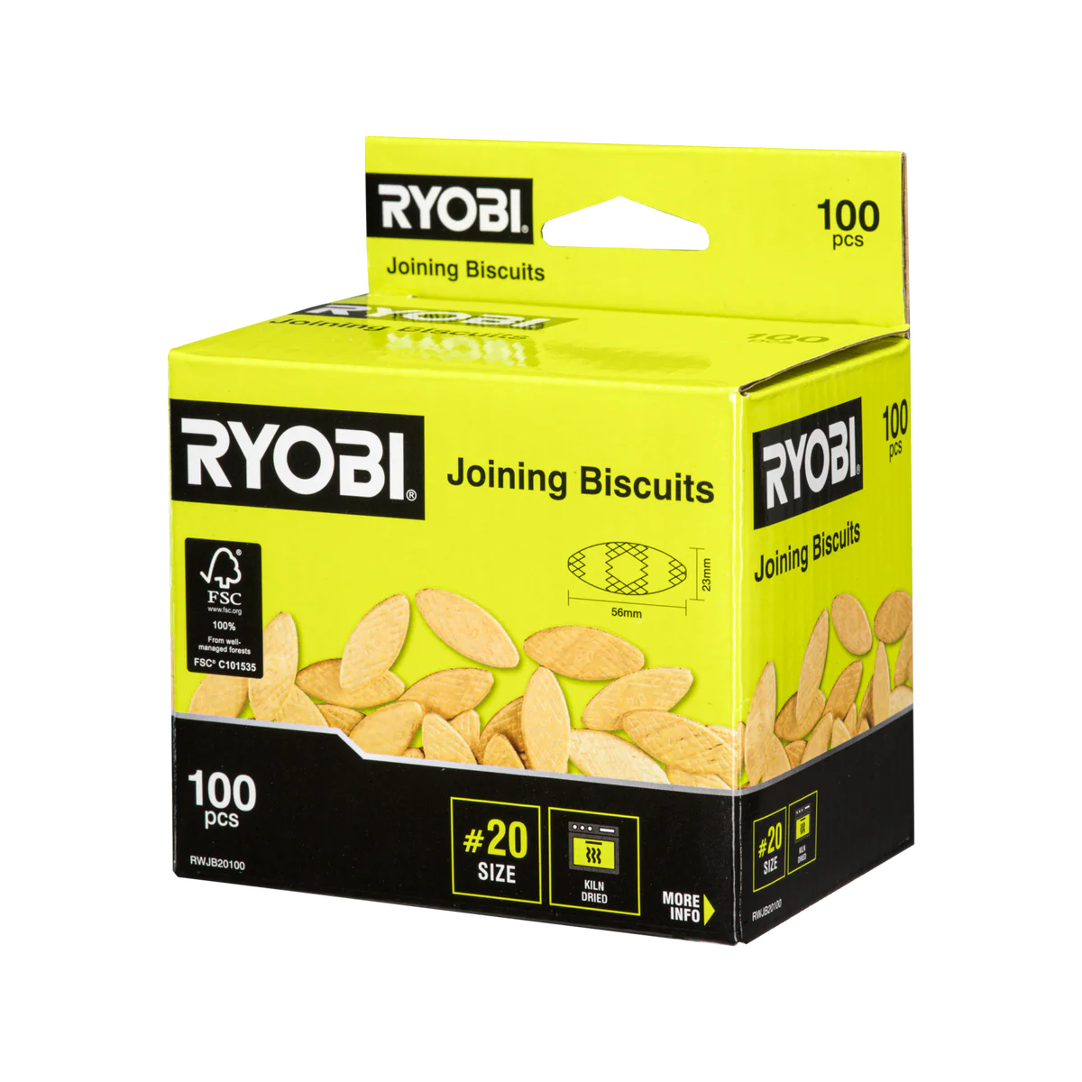 Ryobi No 20 Wood Joining Biscuits - 100 Pack - 56mm x 1mm x 23mm - Durable