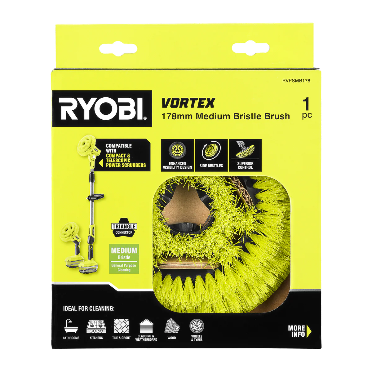 Ryobi Power Scrubber Brush - 178mm Medium Bristle - Effective Stain Removal - Image 2