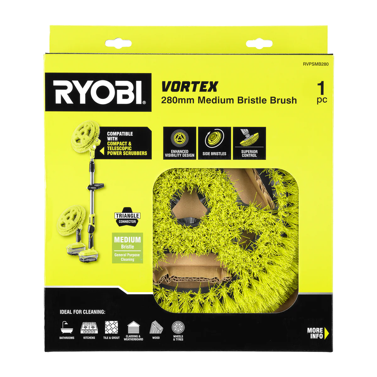 Ryobi Power Scrubber Brush - 280mm Medium Bristle - Effective Stain Removal - Image 2