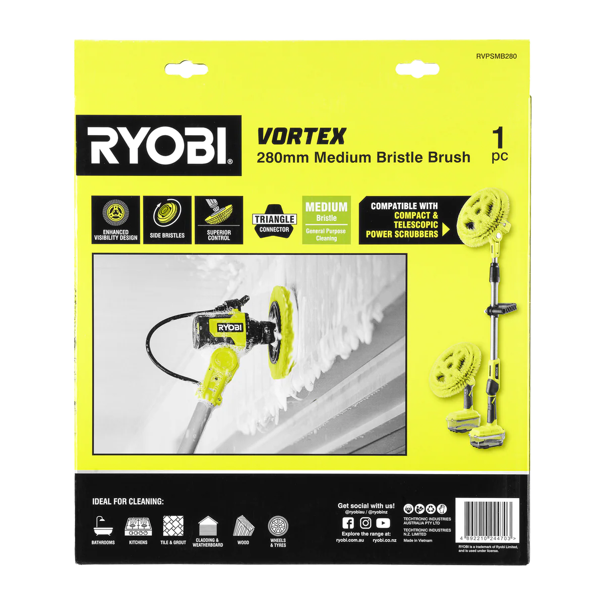 Ryobi Power Scrubber Brush - 280mm Medium Bristle - Effective Stain Removal - Image 3