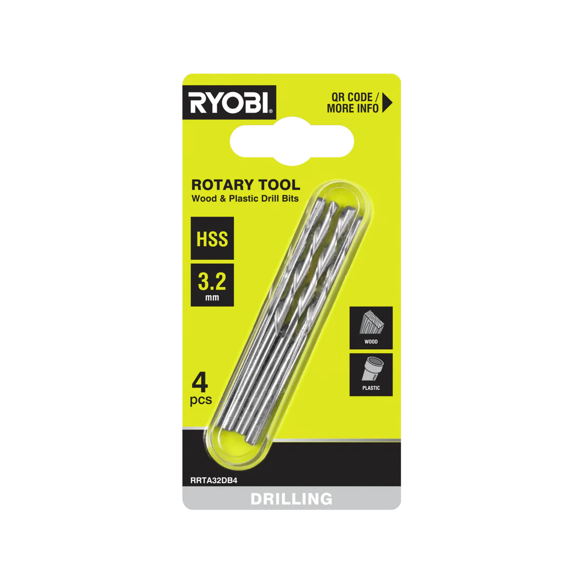 Ryobi Rotary Tool Drill Bit 4 Pack - 3.2mm - M2 High-Speed Steel - Precision Drilling