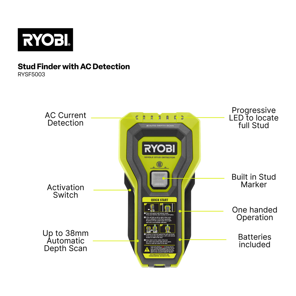 Ryobi Stud Finder RYSF5003 - Detects Timber, Metal & Wires - 38mm Deep - Image 2