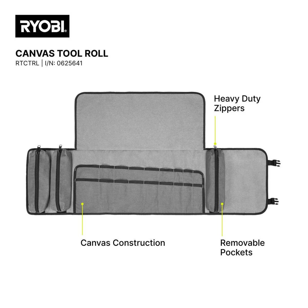 Ryobi Traxx Canvas Tool Roll - 225mm x 40mm x 340mm - Organises Hand Tools - Image 2