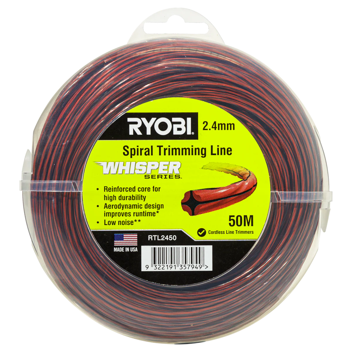 Ryobi Whisper Series Trimming Line - 2.4mm x 50m - Durable & Quiet