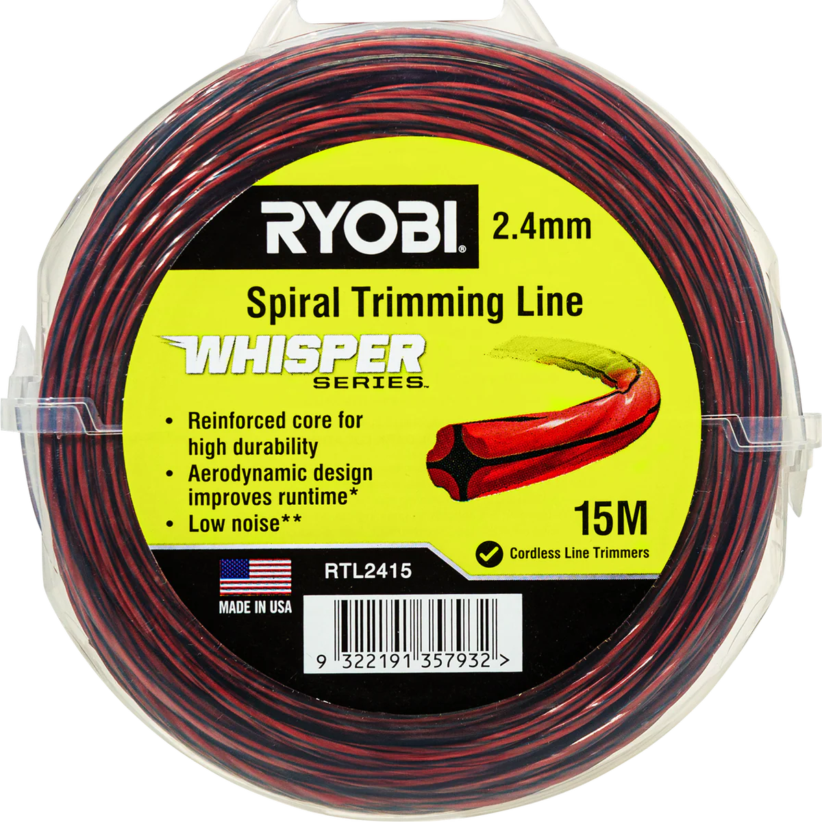 Ryobi Whisper Series Trimming Line - 2 x 4mm x 15m - Green - Durable