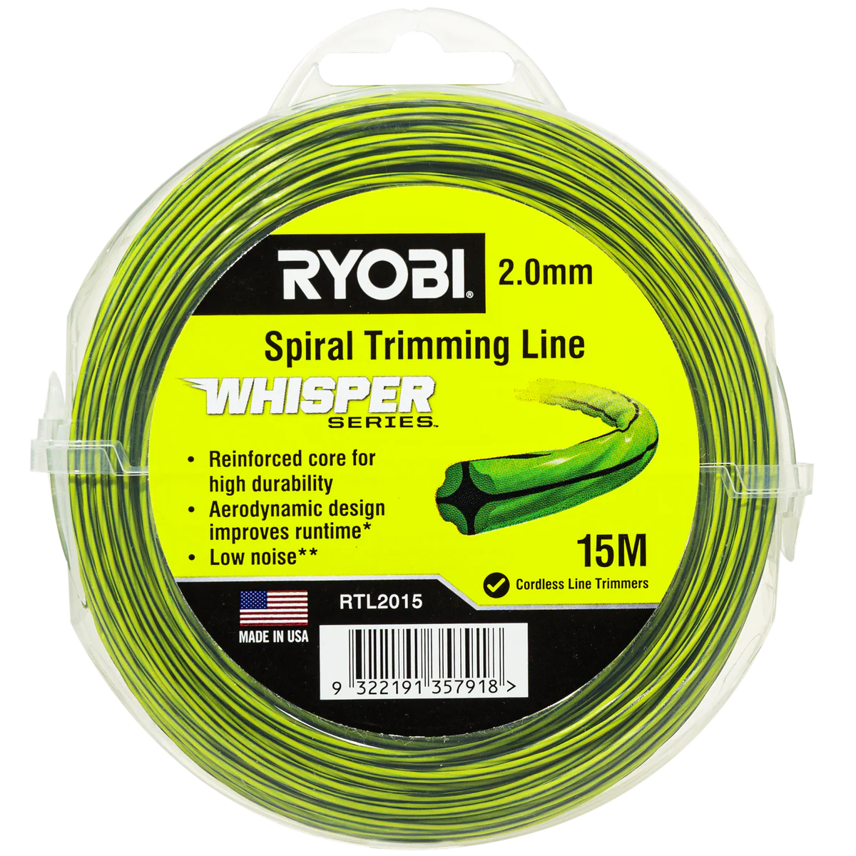Ryobi Whisper Series Trimming Line - 2mm x 15m - Durable & Quiet
