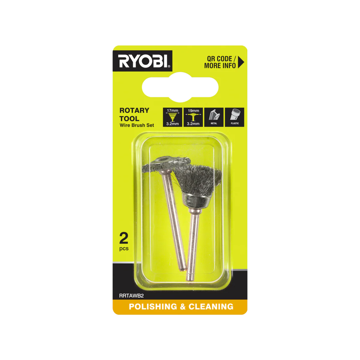 Ryobi Wire Brush 2 Pack - 17mm Fanned & 19mm Flat Steel Brushes - 15,000 RPM