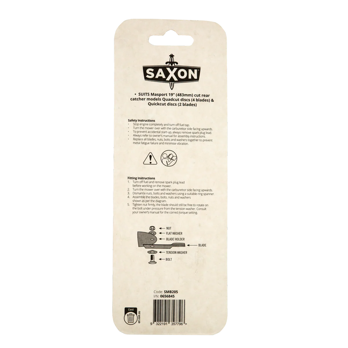 Saxon 19" Mower Blade Bolt Set - 2 Blades & Hardware - Suits Masport - Image 2