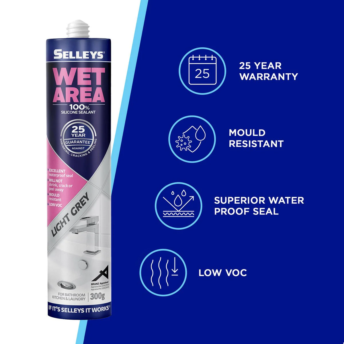 Selleys 300g Waterproof Silicone Sealant - Light Grey - 25-Year Guarantee - Image 3