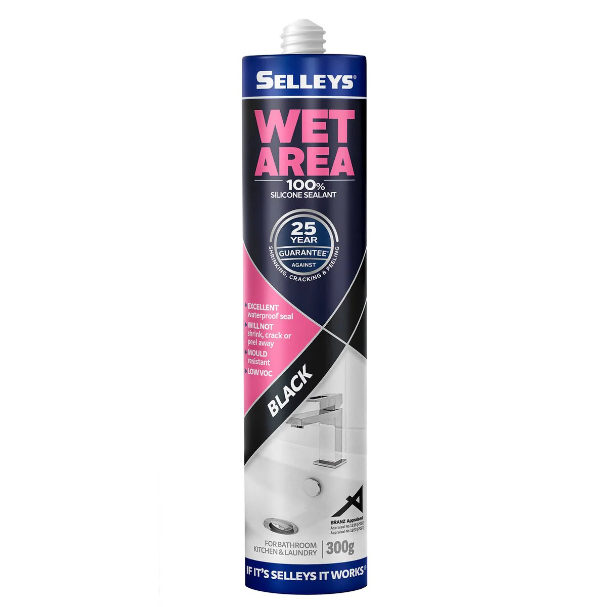 Selleys 300g Wet Area Waterproof Silicone Sealant - Black - Mould Resistant