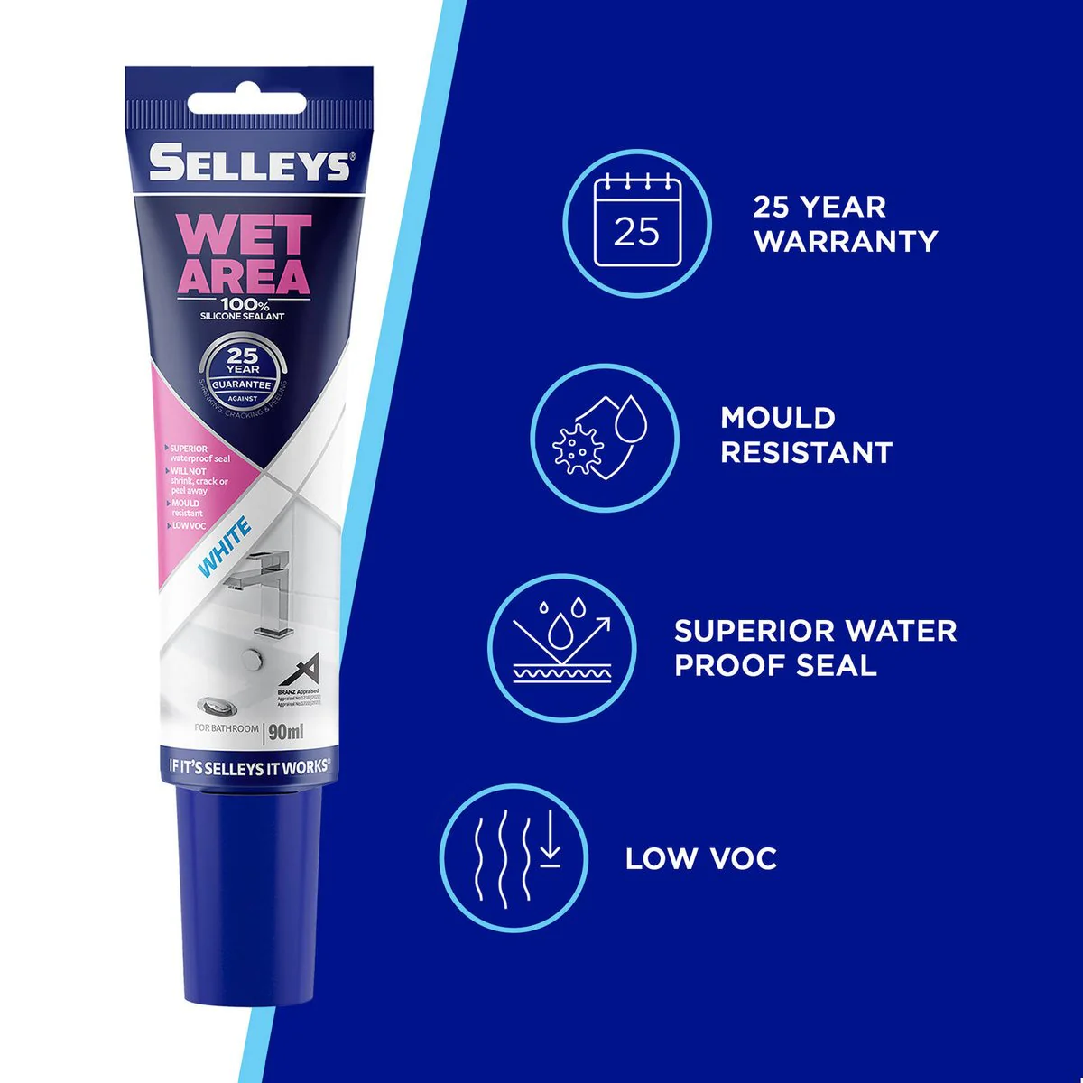 Selleys 90ml White Wet Area Sealant - Waterproof - Mould Resistant - Silicone - Image 3