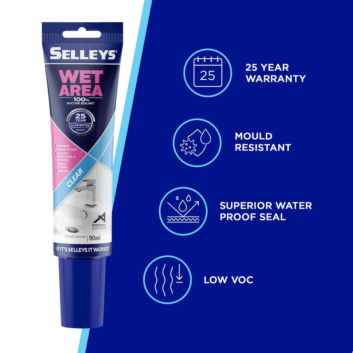 Selleys Clear Silicone Sealant 90ml - Waterproof - Mould Resistant - Indoor Use - Image 3
