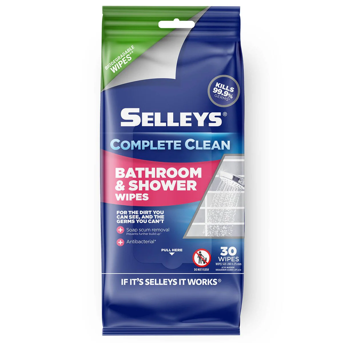 Selleys Complete Clean Bathroom and Shower Wipes 30 Pack - Kills 99.9% Germs - Biodegradable