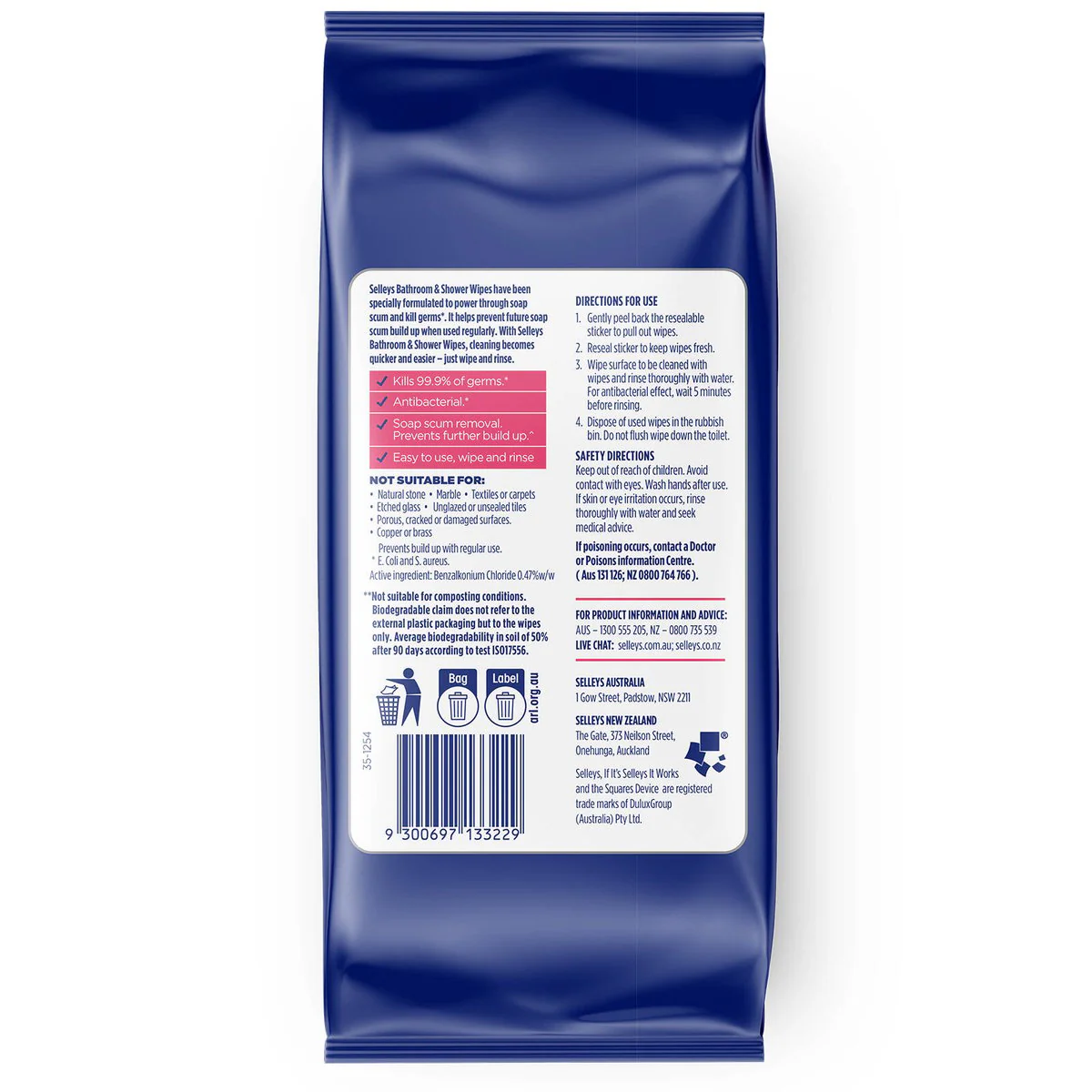 Selleys Complete Clean Bathroom and Shower Wipes 30 Pack - Kills 99.9% Germs - Biodegradable - Image 2