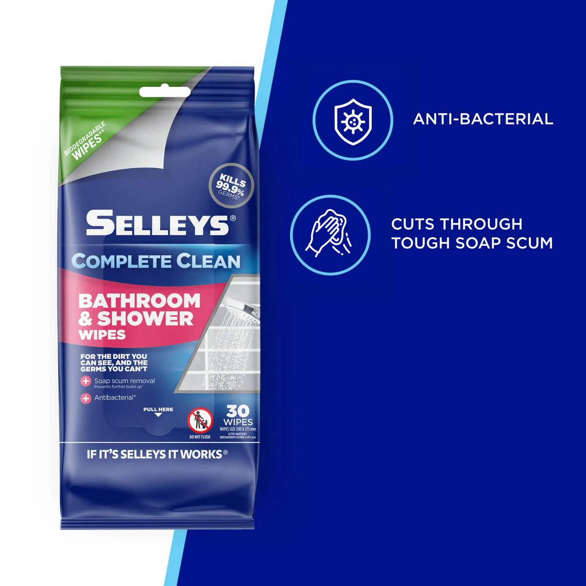 Selleys Complete Clean Bathroom and Shower Wipes 30 Pack - Kills 99.9% Germs - Biodegradable - Image 3