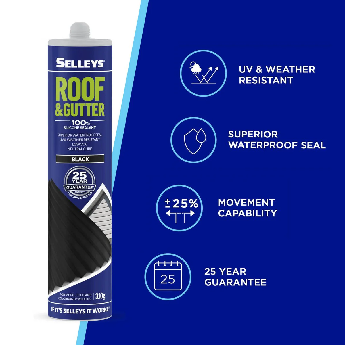 Selleys Roof and Gutter Silicone - 310g - Black - Waterproof Sealant - Image 2