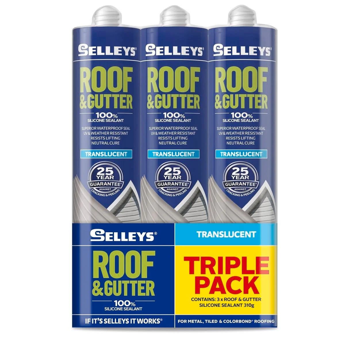 Selleys Roof & Gutter Silicone - 310g Triple Pack - Translucent - Waterproof