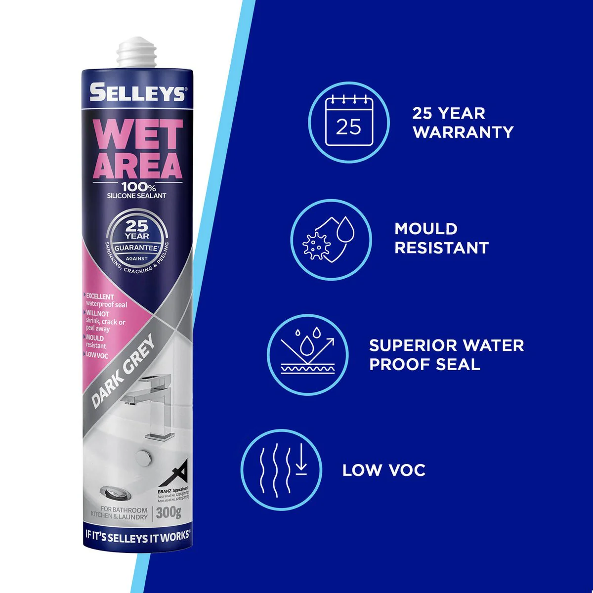 Selleys Wet Area Waterproof Silicone Sealant 300g Dark Grey - Mould Resistant - Image 3