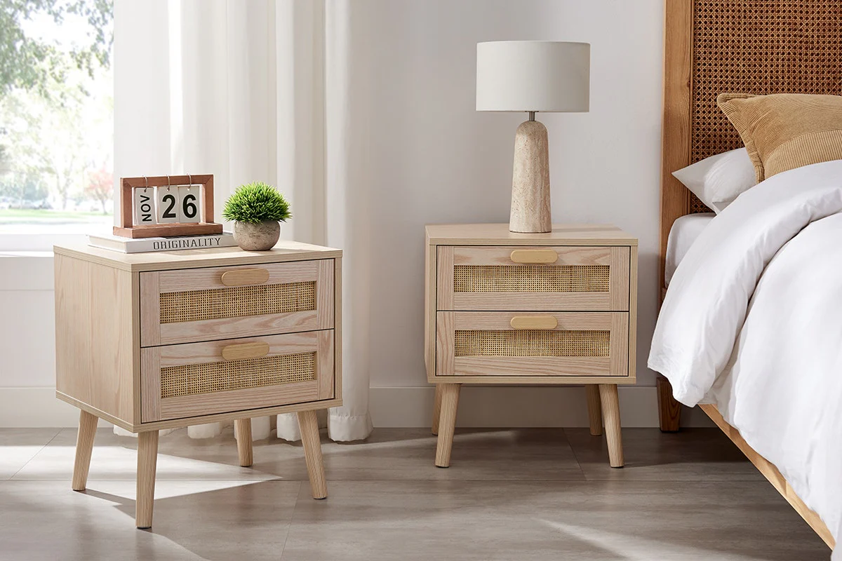 Set of 2 Ovela Ava 2 Drawer Bedside Tables Rattan Front - Image 13