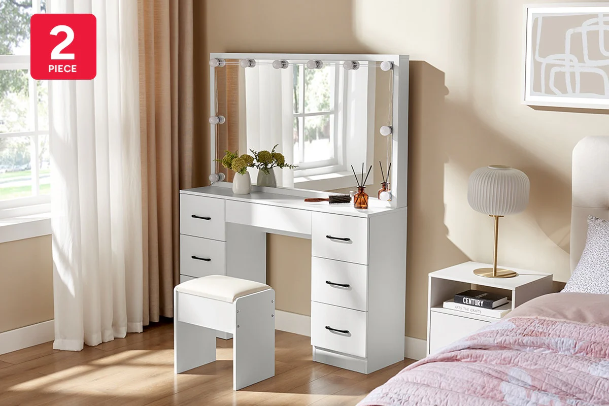 Shangri La Napa Dressing Table and Stool Set White LED Mirror