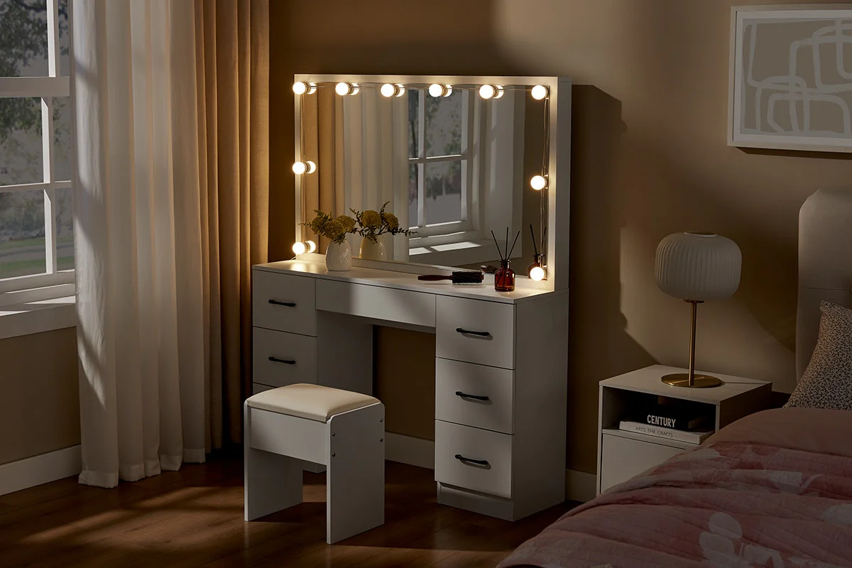 Shangri La Napa Dressing Table and Stool Set White LED Mirror - Image 3