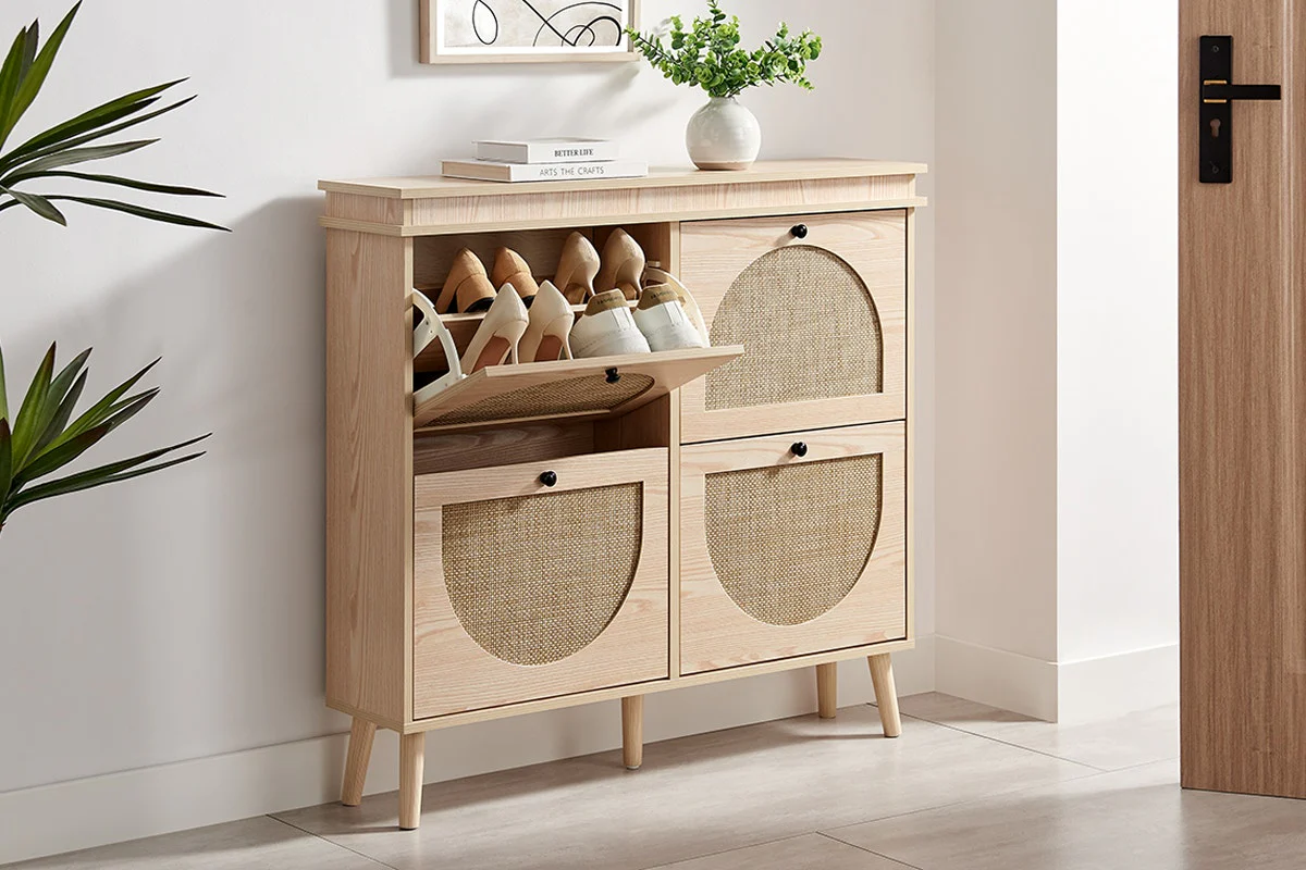 Shangri La Tallow Shoe Cabinet 4 Drawer Rattan Front