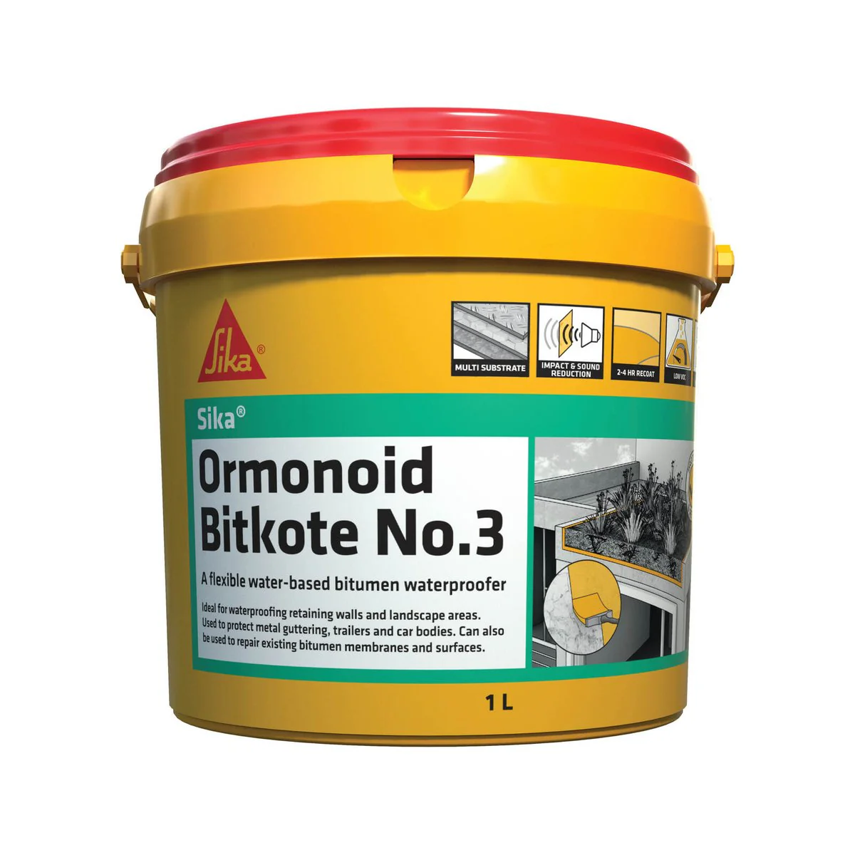 Sika Ormonoid Bitkote No 3 Waterproof Compound 1L - Water Based - Fast Drying
