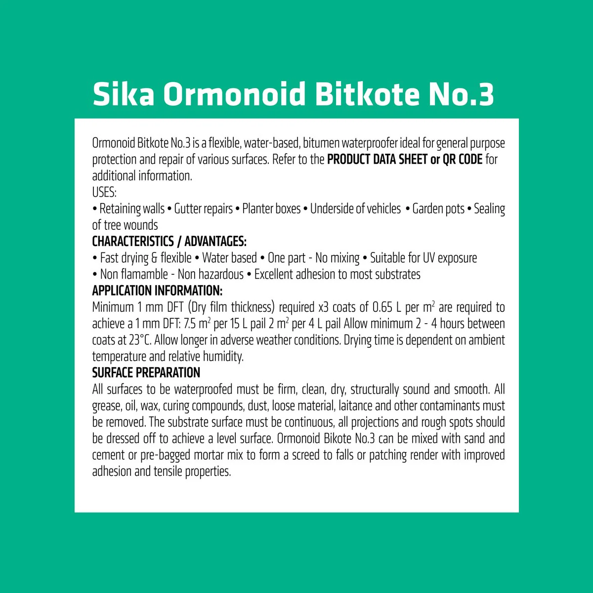 Sika Ormonoid Bitkote No 3 Waterproof Compound 1L - Water Based - Fast Drying - Image 3