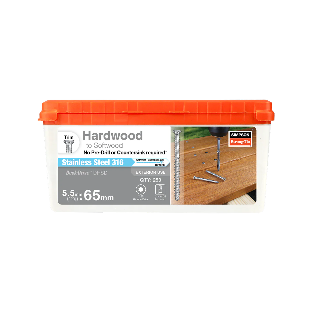 Simpson Strong Tie Decking Screws - 12G x 65mm - 316 Stainless Steel - No Predrill