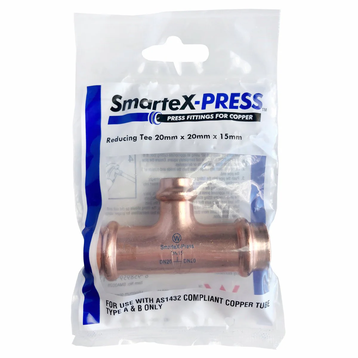 Smartex Press Copper Reducing Tee 20 x 20 x 15mm - Flame-Free Installation - Image 2