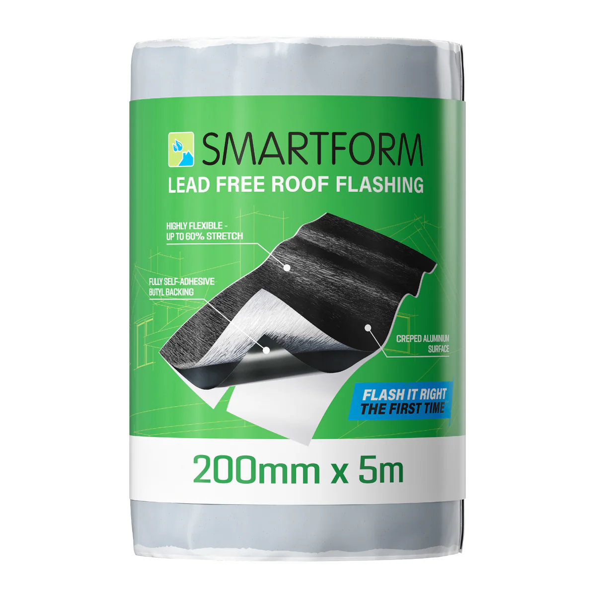 Smartform Black Lead Free Flashing - 200mm x 5m - Self-Adhesive, Flexible