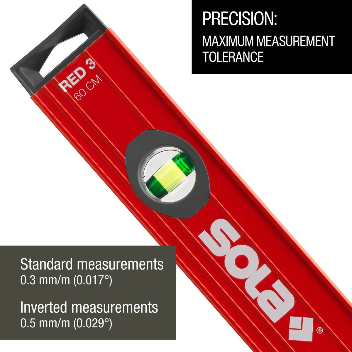 Sola Spirit Level 80cm Red - 3 Patented Vials - Precision Measuring Tool - Image 2