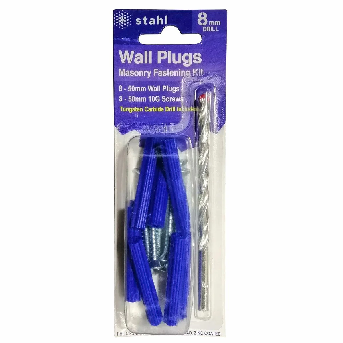 Stahl Masonry Kit 8mm Drill - 10x50mm Blue Wall Plugs - Easy To Use