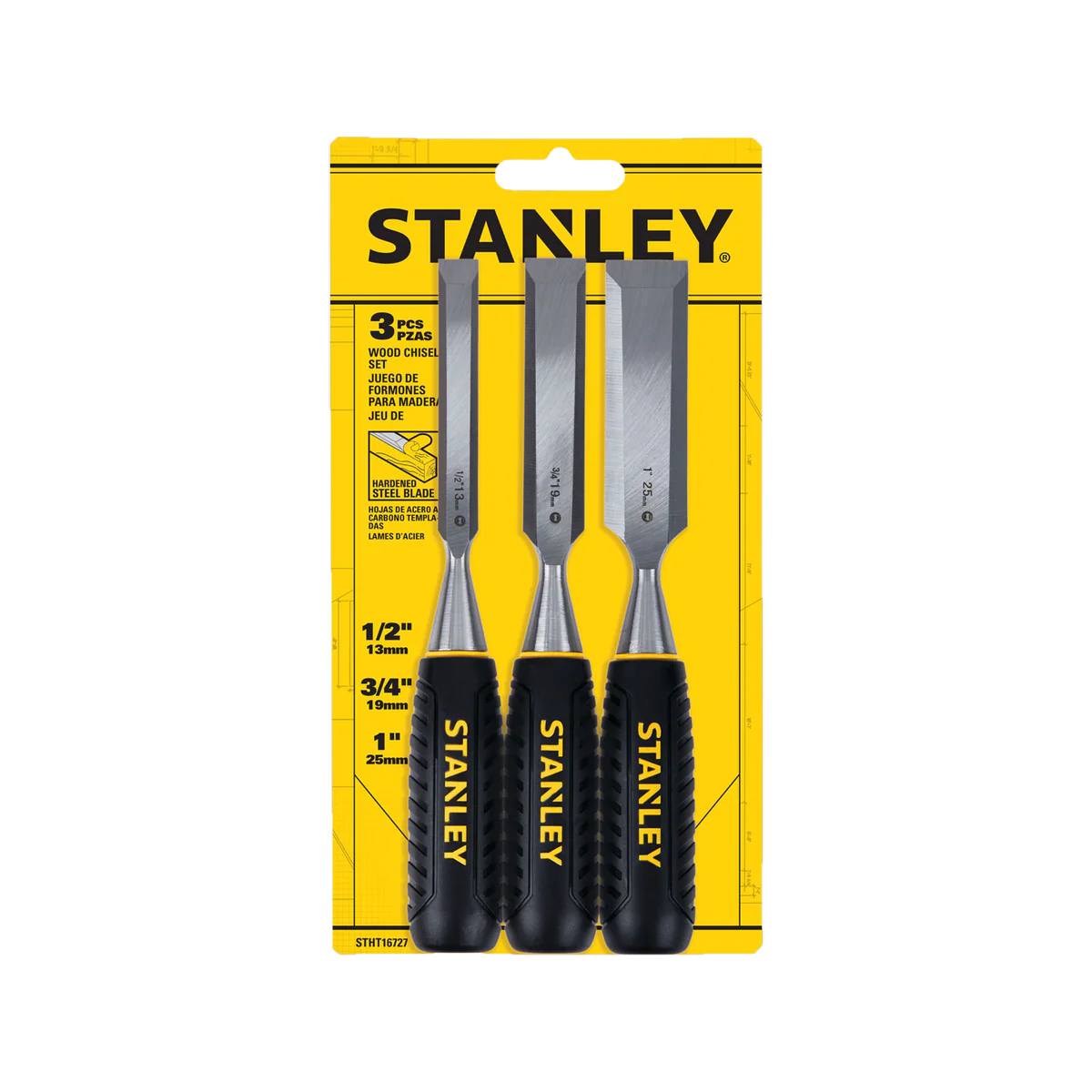 Stanley 3 Piece Wood Chisel Set - 13mm, 19mm, 25mm - Carbon Steel Blades - Black