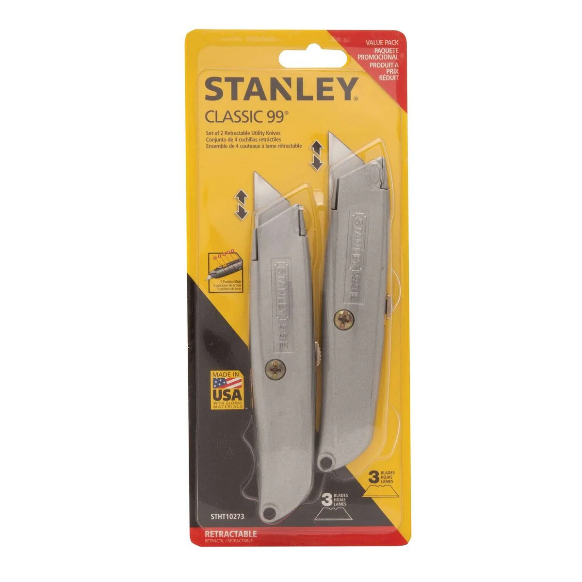 Stanley Classic Knife 2 Pack - 2 Classic 99® Retractable Knives - 110mm x 25mm x 255mm - Versatile Cutting Tools