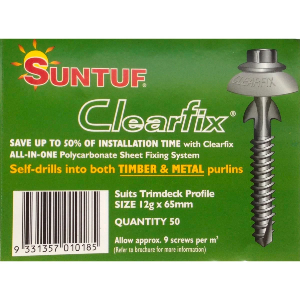 Suntuf Polycarbonate Trimdeck Screws - 65mm - Metal - Self Drilling - 50 Pack