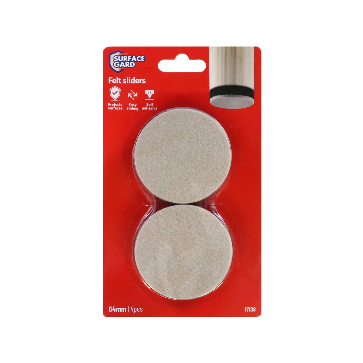 Surface Gard Heavy Duty Felt Sliders - 64mm - Felt - Self Adhesive - 4 Pack - Image 4