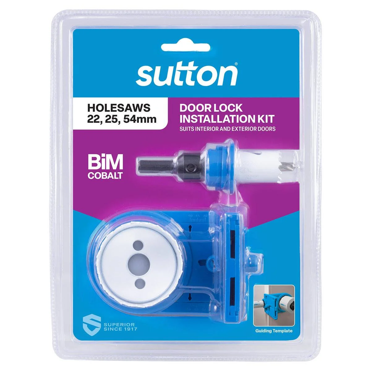 Sutton Tools Bi Metal Cobalt Door Lock Installation Holesaw Kit 5 Piece - 22mm, 25mm, 54mm Sizes - Durable Bi-Metal Construction