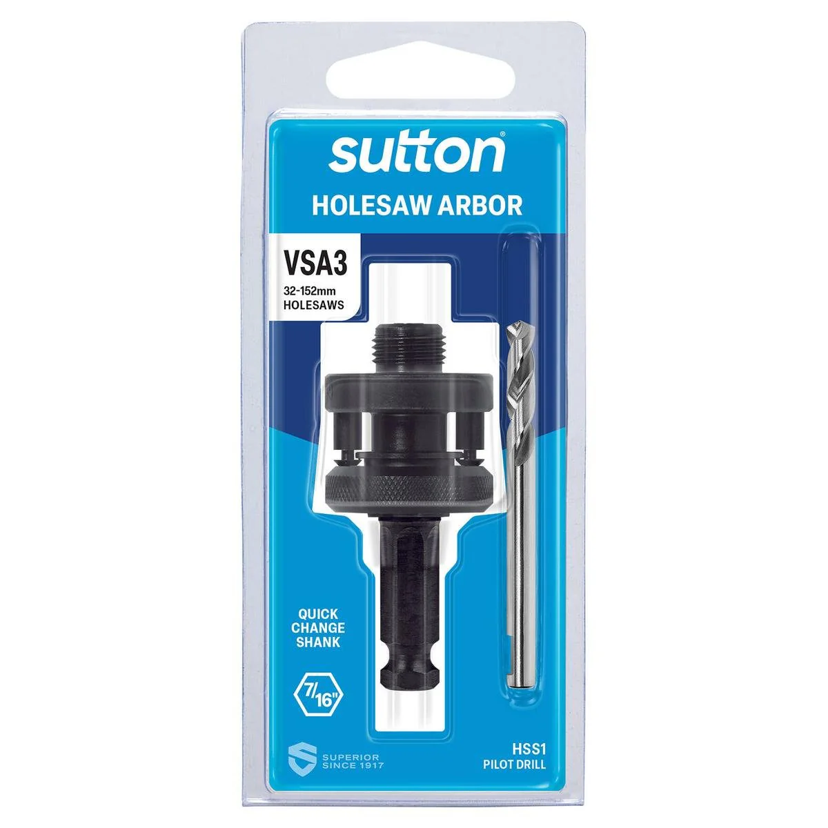 Sutton Tools Holesaw Arbor 32-152mm - 5/8 UNF Thread - 7/16 Hex Shank