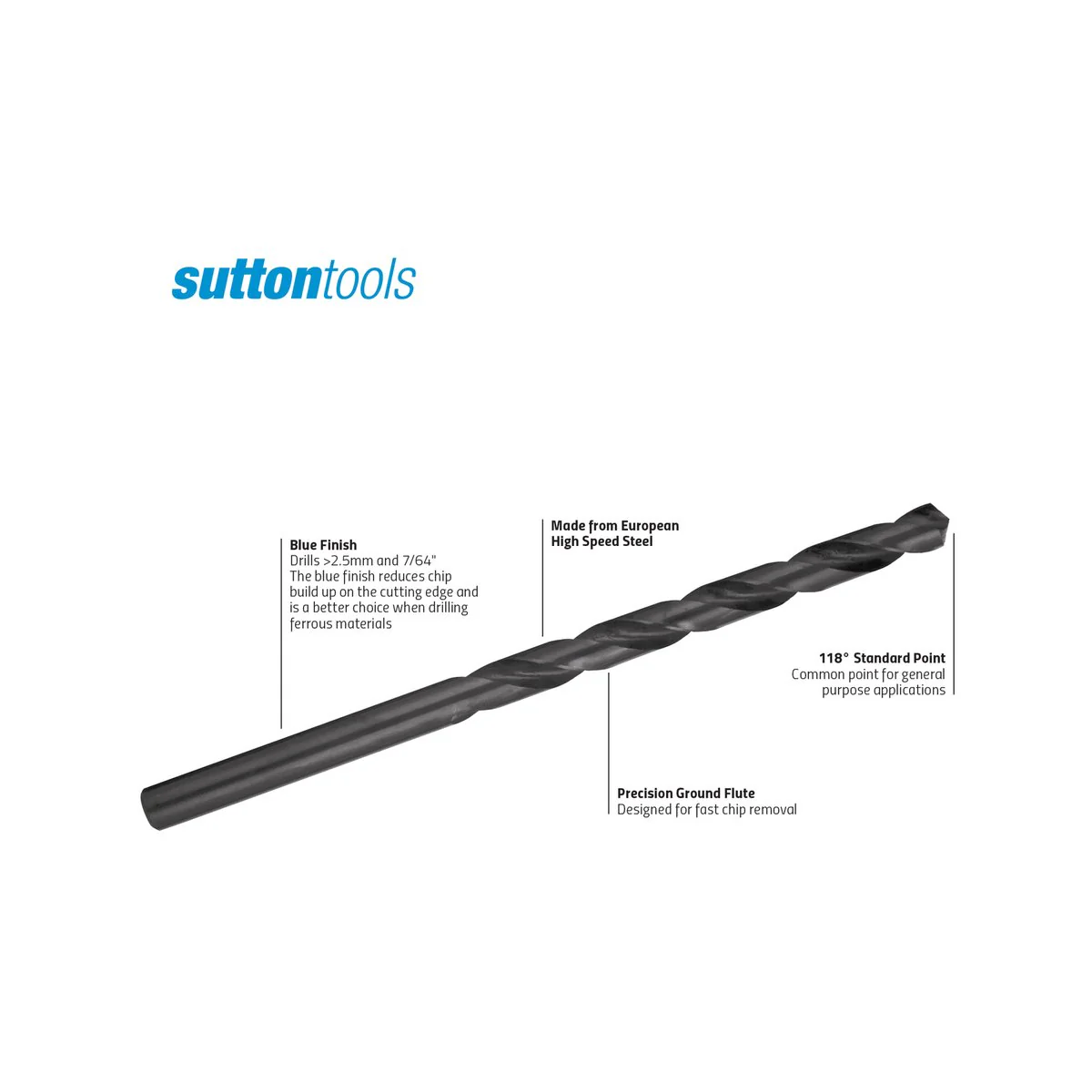 Sutton Tools Long Series Jobber Drill Bit - 12mm - M2 HSS - Blue Finish - Image 2