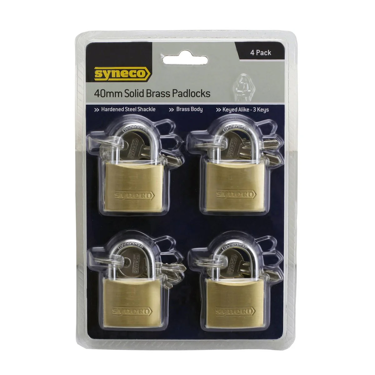 Syneco Brass Padlocks - 40mm - 4 Pack - Keyed Alike - Image 2