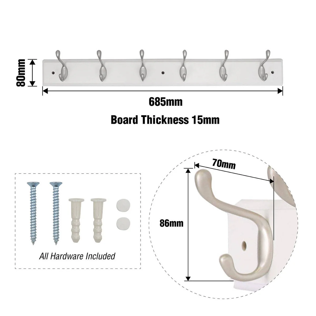 Syneco White Board Coat Rack - 6 Hooks - 685mm x 100mm x 75mm - White/Silver - Image 2