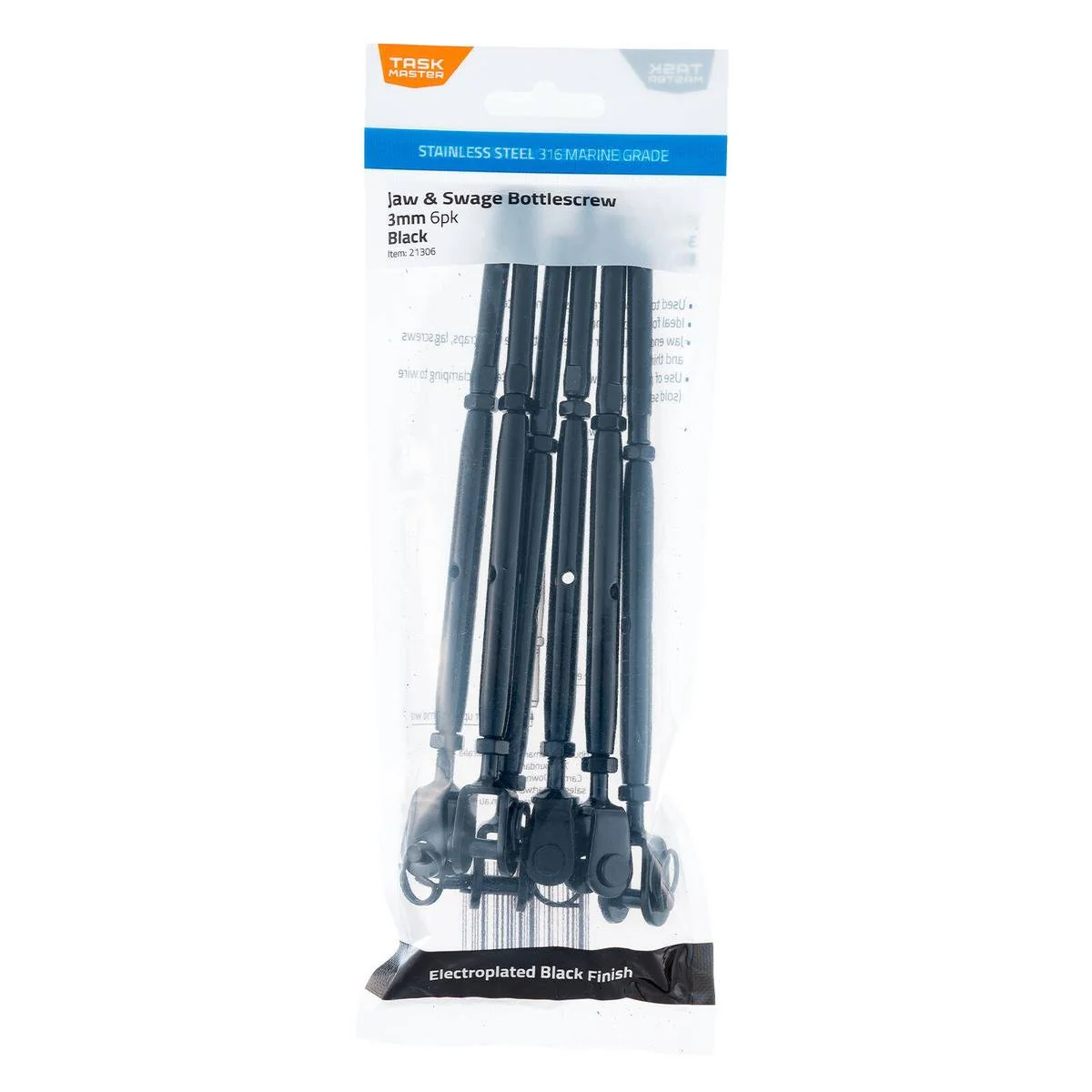 Taskmaster 3mm Black Stainless Steel Jaw and Swage Bottle Screw 6 Pack - Tensioning Wire Balustrading Systems