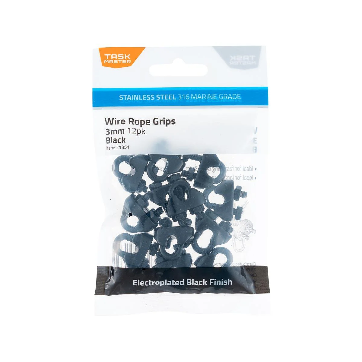 Taskmaster 3mm Black Stainless Steel Wire Rope Grips - 12 Pack - Durable