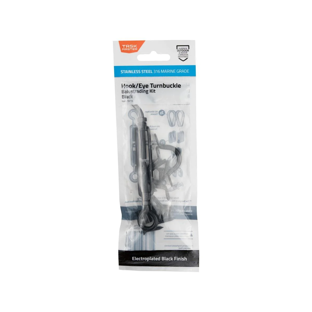Taskmaster 5mm 316 Stainless Steel Hook Eye Turnbuckle Balustrade Kit - Black - Rust Resistant - 74mm x 210mm x 15mm