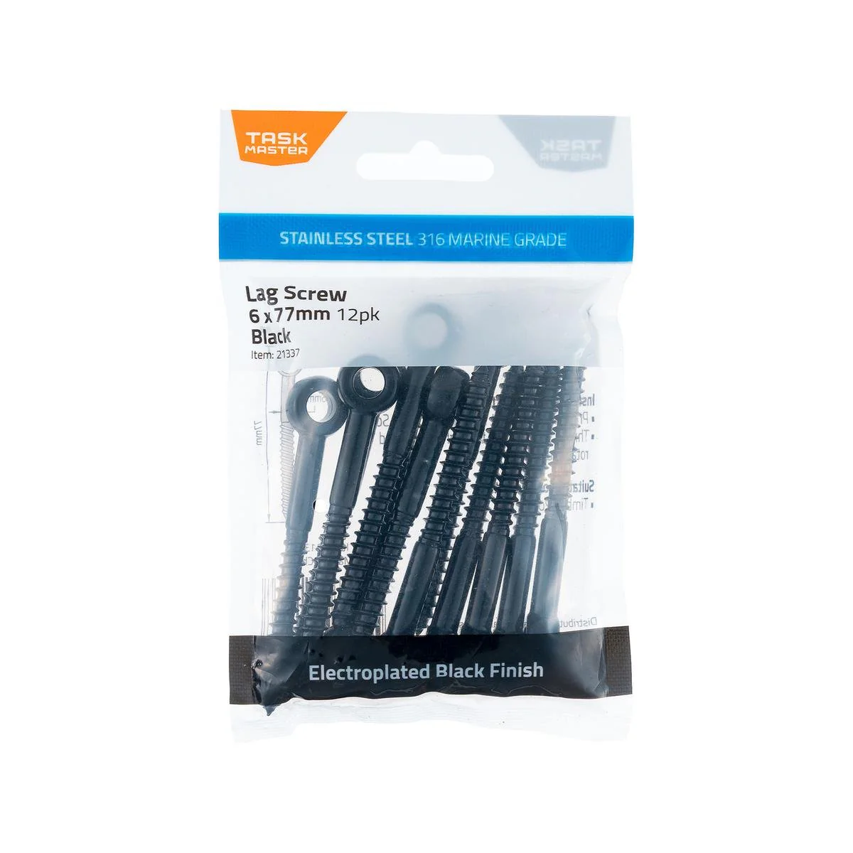 Taskmaster 6mm Black Stainless Steel Lag Screw - 12 Pack - Durable Rigging