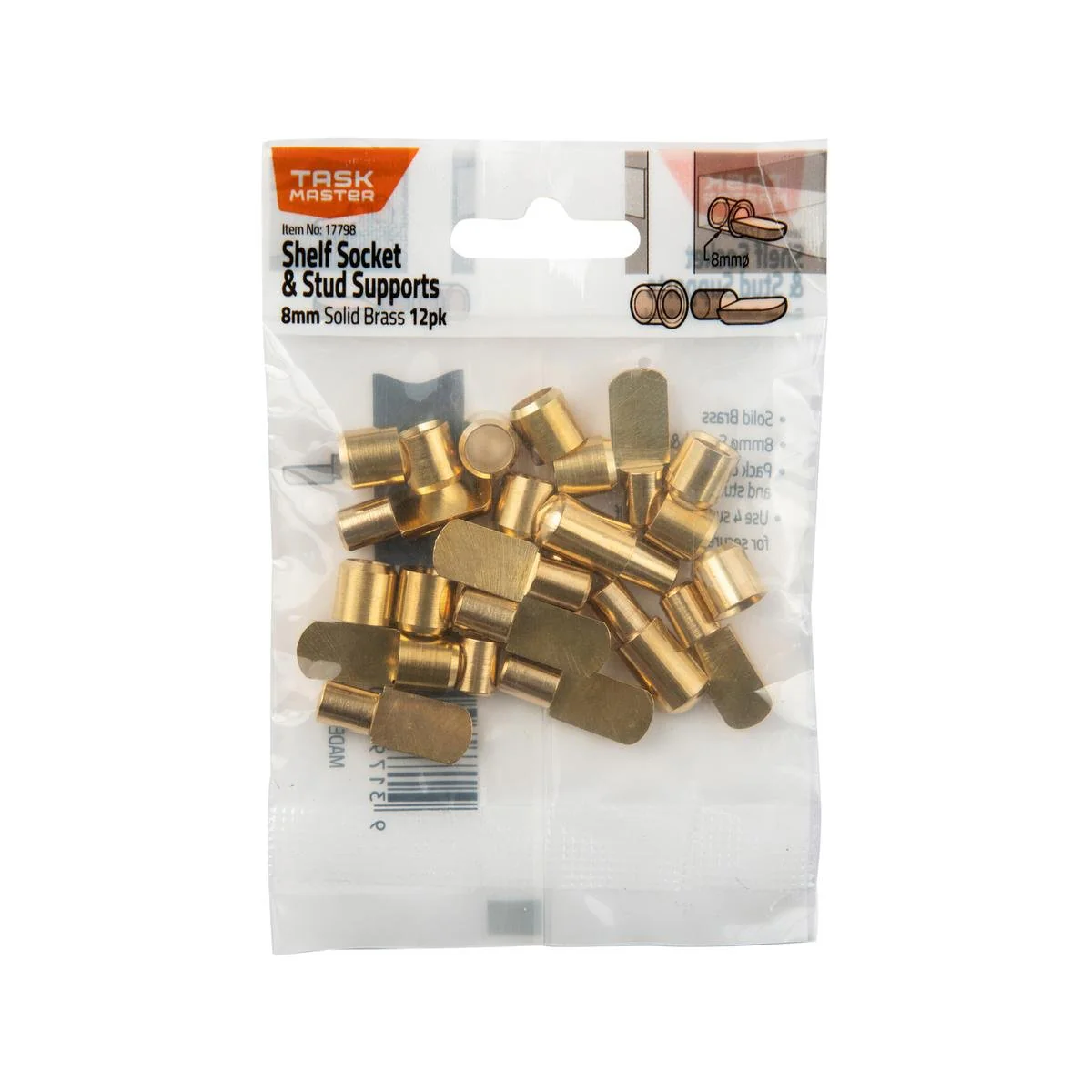 Taskmaster 8mm Brass Metal Pin Shelf Support and Socket 12 Pack - Durable - Easy Installation